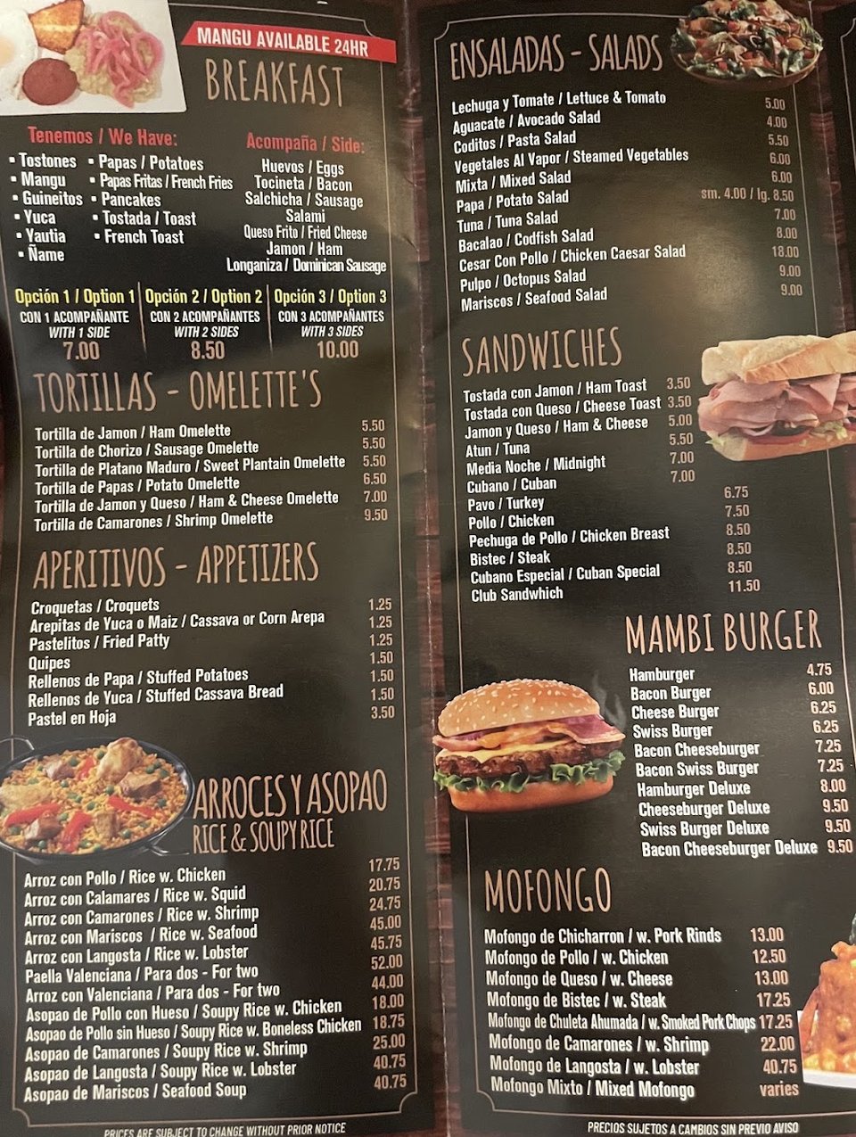 Menu page showing Dominican classics and sandwiches.