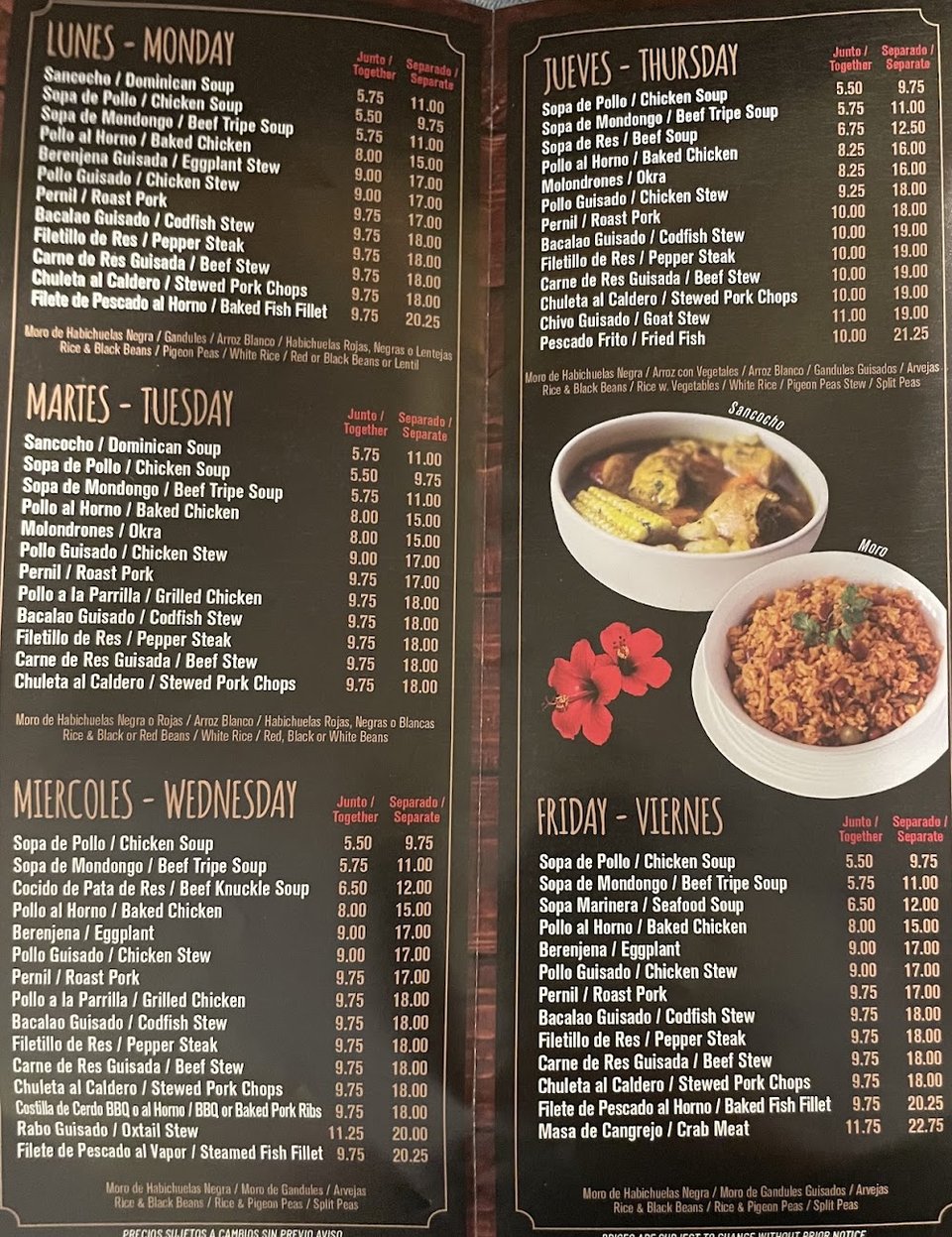 Restaurant menu featuring mofongo and Cuban sandwich options.
